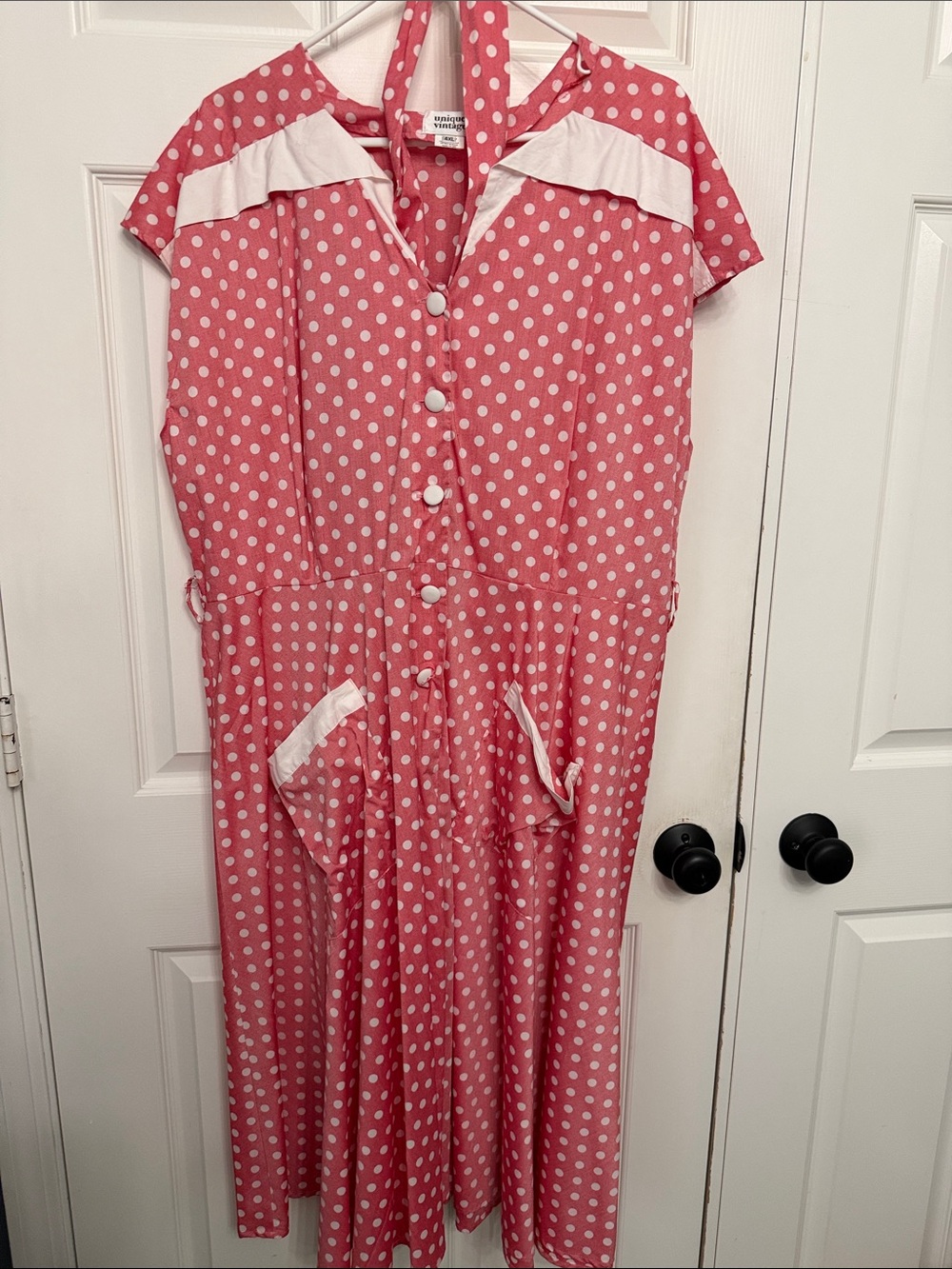 Unique Vintage Pink Polka Dot Button-Front Dress with White Trim
